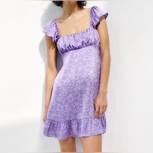 ZARA Purple Floral Satin Milkmaid Mini Dress Small S Cottagecore Ruffle Flutter